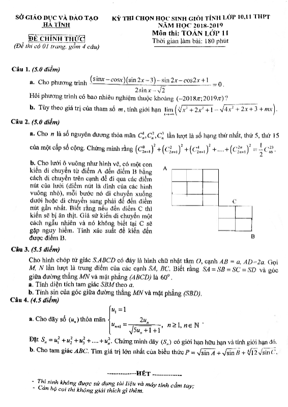 Đề thi học sinh giỏi lớp 11 môn Toán năm học 2018 – 2019 sở GD ĐT Hà Tĩnh