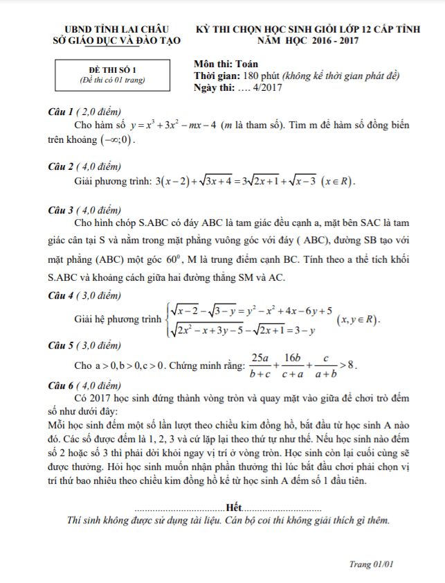 Đề thi học sinh giỏi lớp 12 môn Toán cấp tỉnh năm 2016 2017 sở GD ĐT Lai Châu