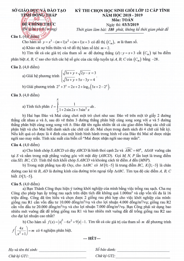 Đề thi học sinh giỏi lớp 12 môn Toán cấp tỉnh năm 2018 2019 sở GD ĐT Đồng Tháp