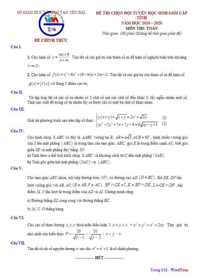 Đề thi học sinh giỏi lớp 12 môn Toán cấp tỉnh năm 2019 2020 sở GD ĐT Yên Bái