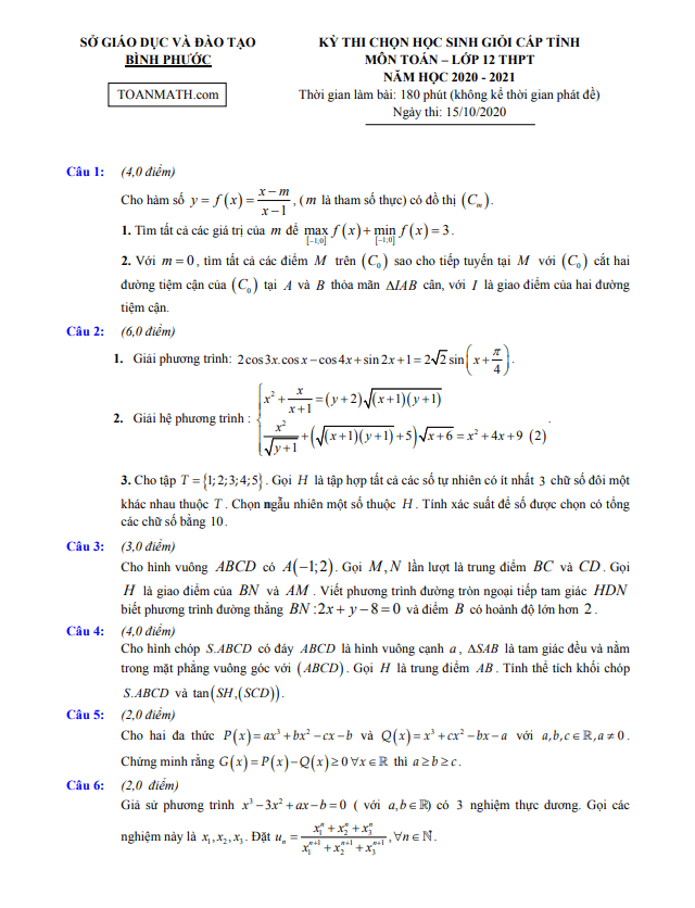 Đề thi học sinh giỏi lớp 12 môn Toán cấp tỉnh năm 2020 2021 sở GD ĐT Bình Phước