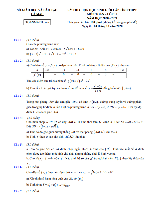 Đề thi học sinh giỏi lớp 12 môn Toán cấp tỉnh năm 2020 2021 sở GD ĐT Cà Mau