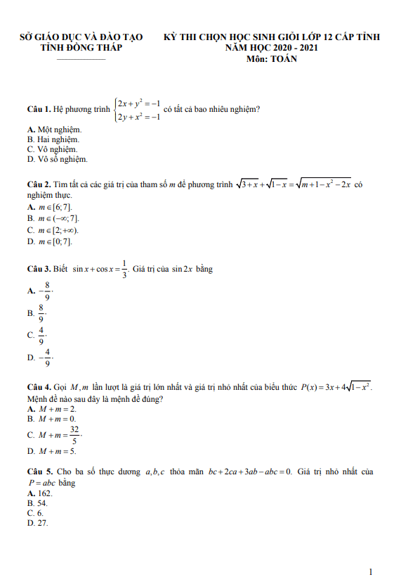 Đề thi học sinh giỏi lớp 12 môn Toán cấp tỉnh năm 2020 2021 sở GD ĐT Đồng Tháp