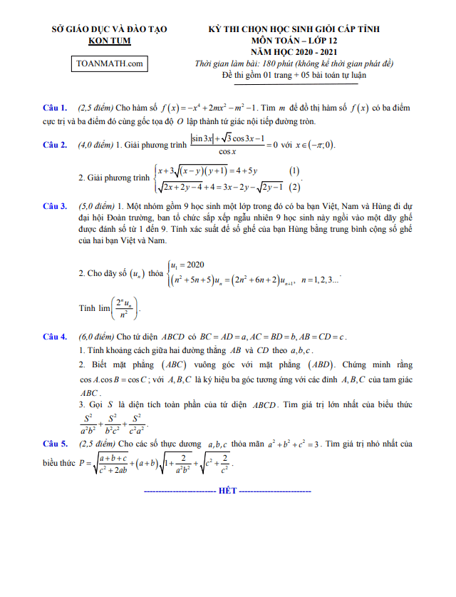 Đề thi học sinh giỏi lớp 12 môn Toán cấp tỉnh năm 2020 2021 sở GD ĐT Kon Tum