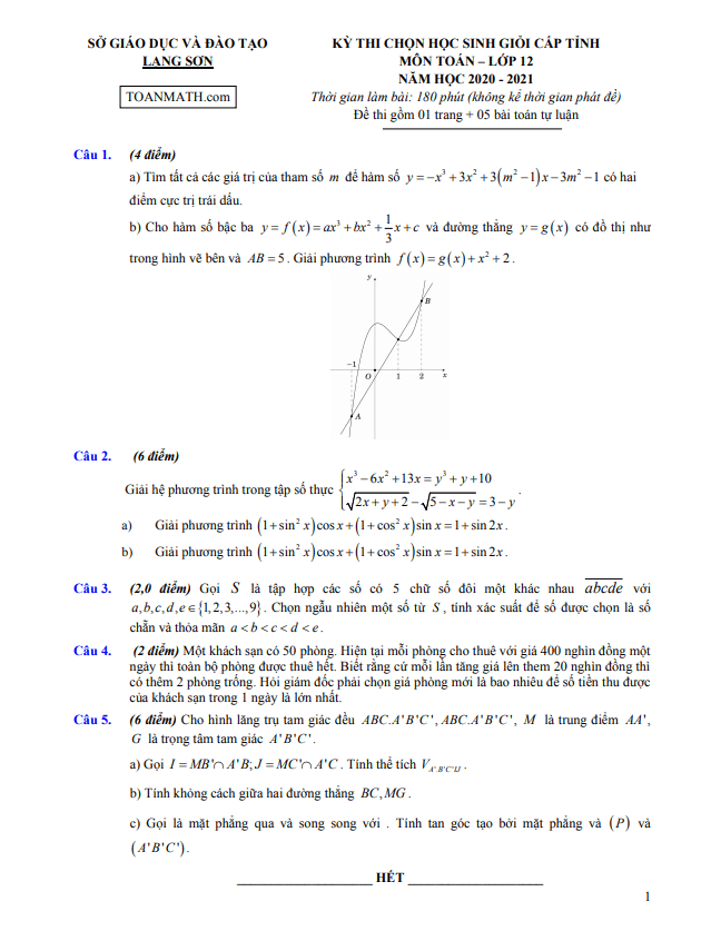 Đề thi học sinh giỏi lớp 12 môn Toán cấp tỉnh năm 2020 2021 sở GD ĐT Lạng Sơn
