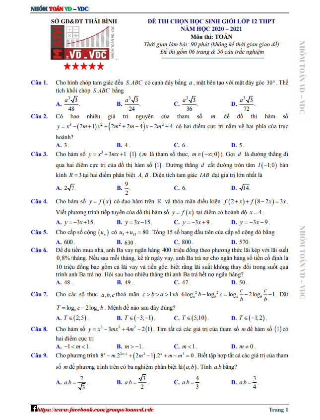 Đề thi học sinh giỏi lớp 12 môn Toán cấp tỉnh năm 2020 2021 sở GD ĐT Thái Bình