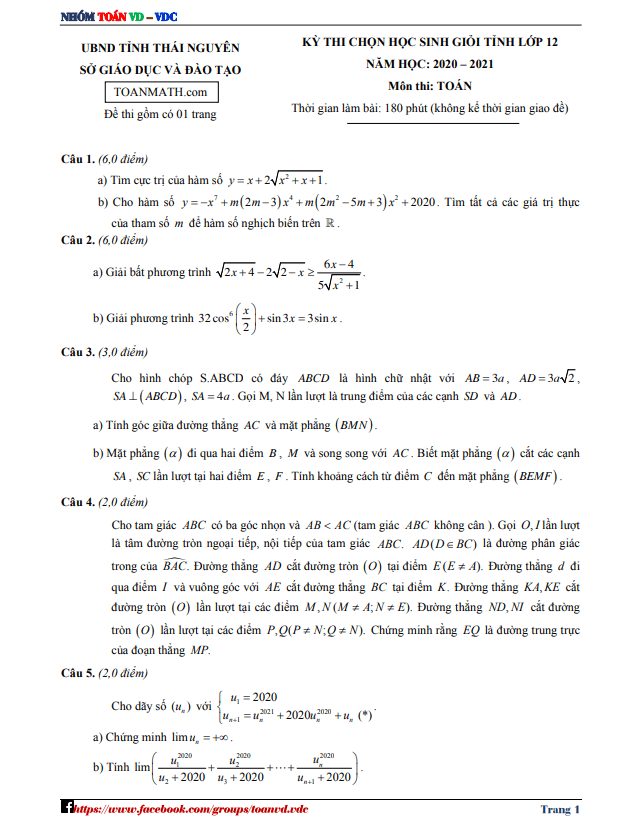 Đề thi học sinh giỏi lớp 12 môn Toán cấp tỉnh năm 2020 2021 sở GD ĐT Thái Nguyên