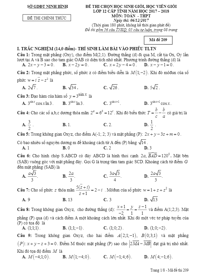 Đề thi học sinh giỏi lớp 12 môn Toán cấp tỉnh năm học 2017 2018 sở GD và ĐT Ninh Bình
