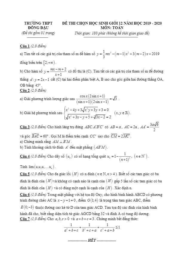 Đề thi học sinh giỏi lớp 12 môn Toán năm 2019 2020 trường Đồng Đậu Vĩnh Phúc