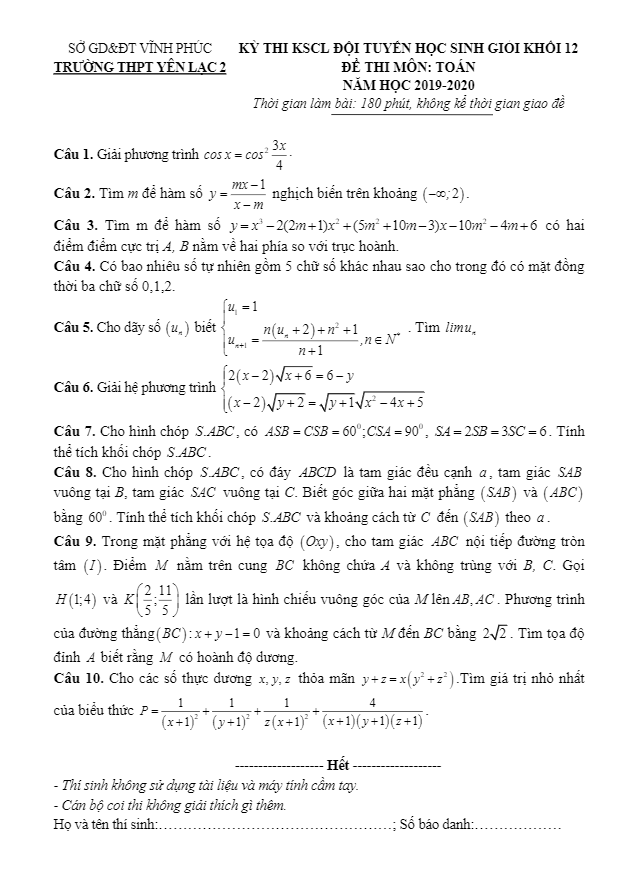 Đề thi học sinh giỏi lớp 12 môn Toán năm 2019 2020 trường Yên Lạc 2 Vĩnh Phúc