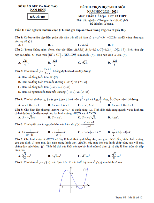 Đề thi học sinh giỏi lớp 12 môn Toán năm 2020 2021 sở GD ĐT Nam Định
