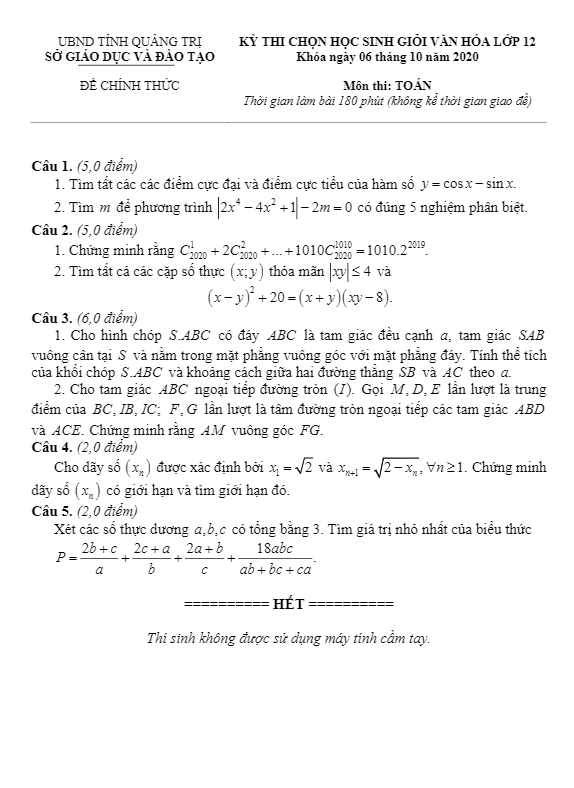 Đề thi học sinh giỏi lớp 12 môn Toán năm 2020 2021 sở GD ĐT Quảng Trị