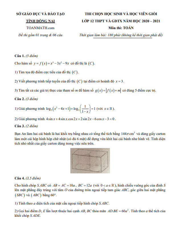 Đề thi học sinh giỏi lớp 12 môn Toán năm 2020 2021 sở GD ĐT tỉnh Đồng Nai