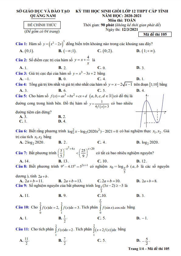 Đề thi học sinh giỏi lớp 12 môn Toán năm 2020 2021 sở GD ĐT tỉnh Quảng Nam
