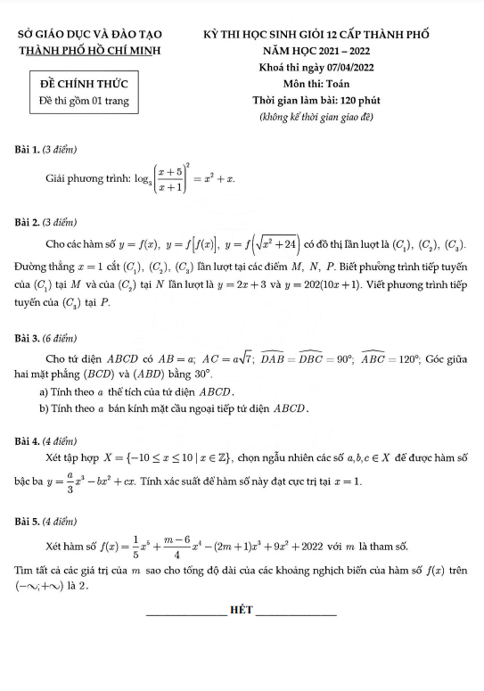 Đề thi học sinh giỏi lớp 12 môn Toán năm 2021 2022 sở GD ĐT TP Hồ Chí Minh