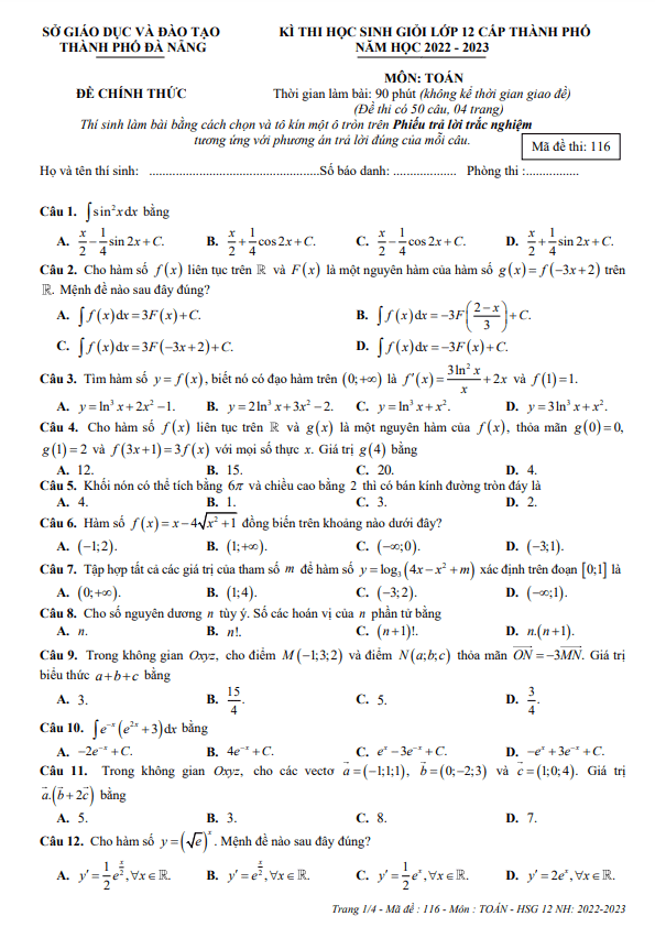 Đề thi học sinh giỏi lớp 12 môn Toán năm 2022 2023 sở GD ĐT Đà Nẵng