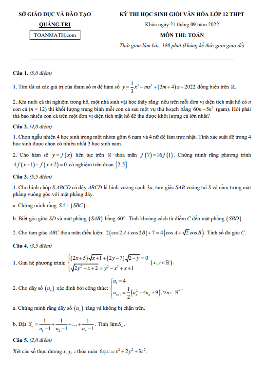 Đề thi học sinh giỏi lớp 12 môn Toán năm 2022 2023 sở GD ĐT Quảng Trị