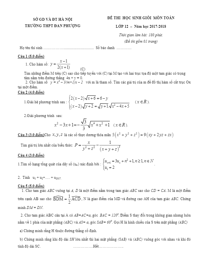Đề thi học sinh giỏi lớp 12 môn Toán năm học 2017 2018 trường THPT Đan Phượng Hà Nội