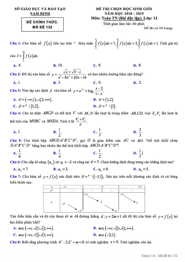 Đề thi học sinh giỏi lớp 12 môn Toán năm học 2018 2019 sở GD ĐT Nam Định