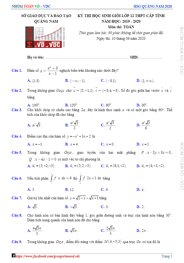 Đề thi học sinh giỏi lớp 12 môn Toán THPT cấp tỉnh năm 2019 2020 sở GD ĐT Quảng Nam