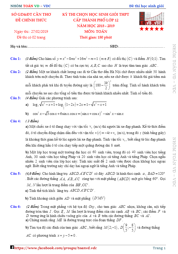 Đề thi học sinh giỏi lớp 12 môn Toán THPT năm 2018 2019 sở GD ĐT Cần Thơ