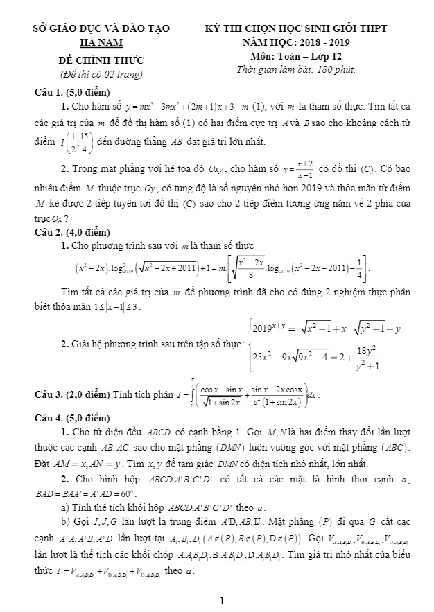Đề thi học sinh giỏi lớp 12 môn Toán THPT năm 2018 – 2019 sở GD ĐT Hà Nam