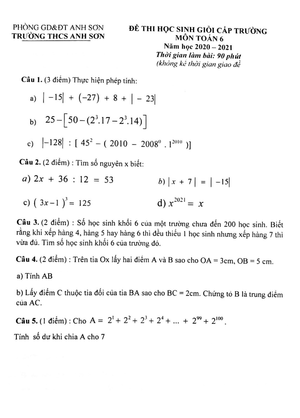 Đề thi học sinh giỏi lớp 6 môn Toán năm 2020 2021 trường THCS Anh Sơn Nghệ An