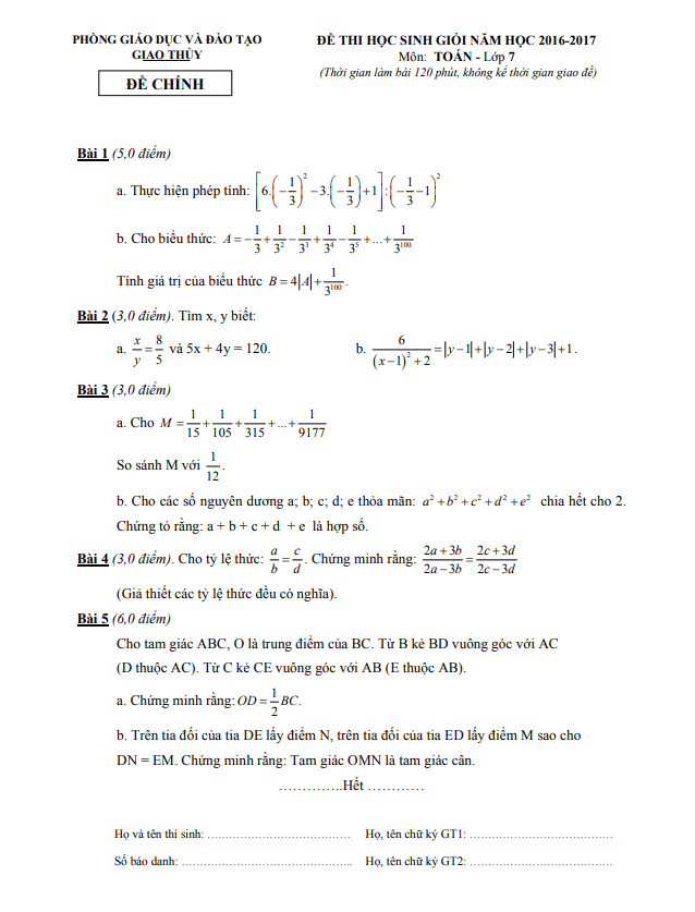 Đề thi học sinh giỏi lớp 7 môn Toán năm 2016 2017 phòng GD ĐT Giao Thủy Nam Định