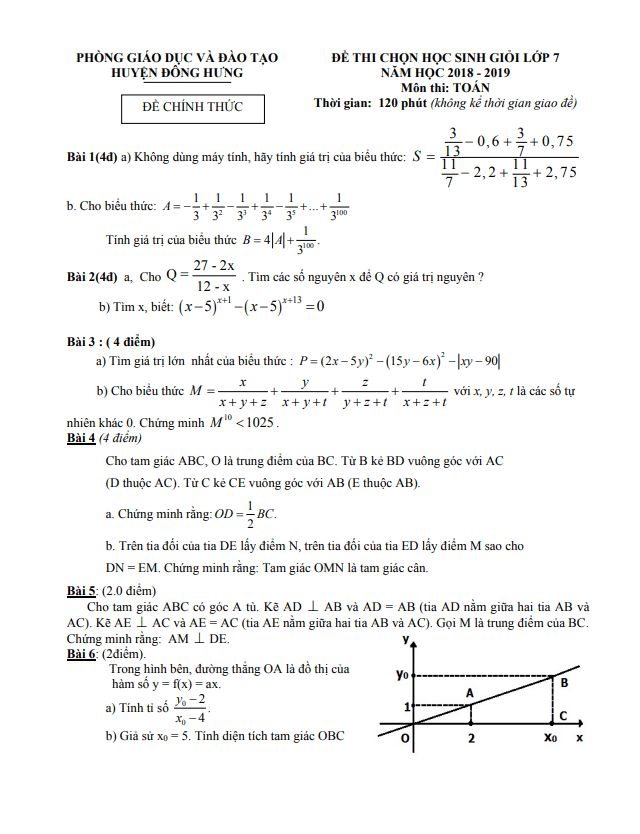 Đề thi học sinh giỏi lớp 7 môn Toán năm 2018 2019 phòng GD ĐT Đông Hưng Thái Bình
