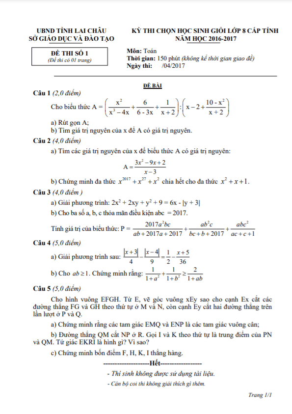 Đề thi học sinh giỏi lớp 8 môn Toán cấp tỉnh năm 2016 2017 sở GD ĐT Lai Châu