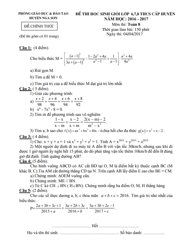Đề thi học sinh giỏi lớp 8 môn Toán năm 2016 2017 phòng GD ĐT Nga Sơn Thanh Hóa
