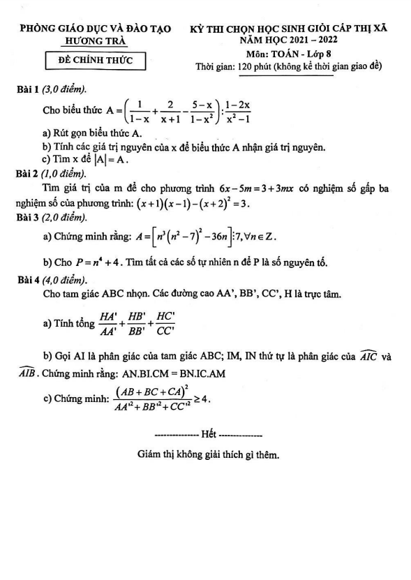Đề thi học sinh giỏi lớp 8 môn Toán năm 2021 2022 phòng GD ĐT Hương Trà TT Huế