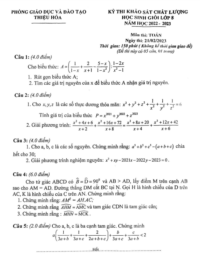 Đề thi học sinh giỏi lớp 8 môn Toán năm 2022 2023 phòng GD ĐT Thiệu Hóa Thanh Hóa