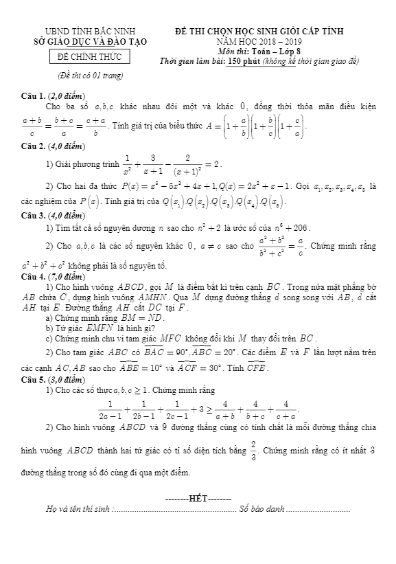 Đề thi học sinh giỏi lớp 8 môn Toán năm học 2018 2019 sở GD ĐT Bắc Ninh