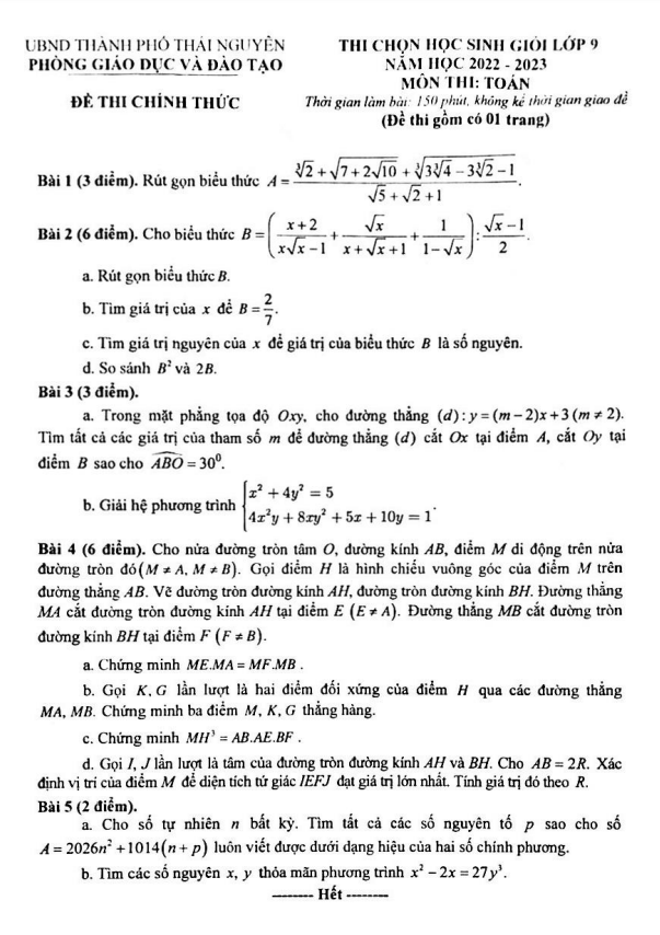 Đề thi học sinh giỏi lớp 9 môn Toán năm 2022 2023 phòng GD ĐT thành phố Thái Nguyên