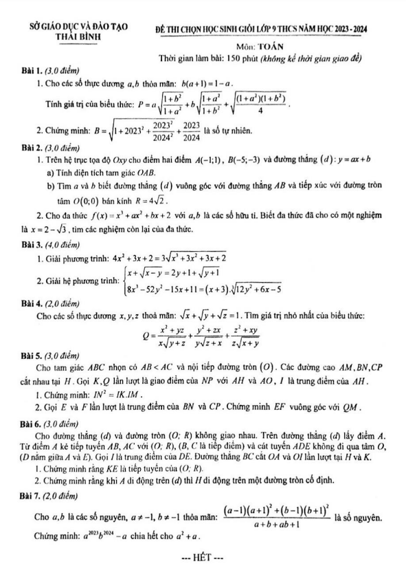 Đề thi học sinh giỏi lớp 9 môn Toán năm 2023 2024 sở GD ĐT Thái Bình
