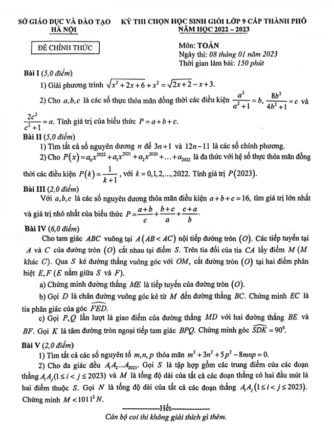 Đề thi học sinh giỏi lớp 9 môn Toán năm học 2022 2023 sở GD ĐT Hà Nội
