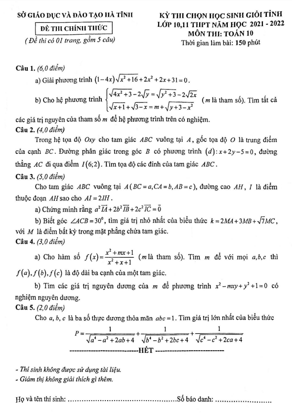 Đề thi học sinh giỏi tỉnh lớp 10 môn Toán năm 2021 2022 sở GD ĐT Hà Tĩnh