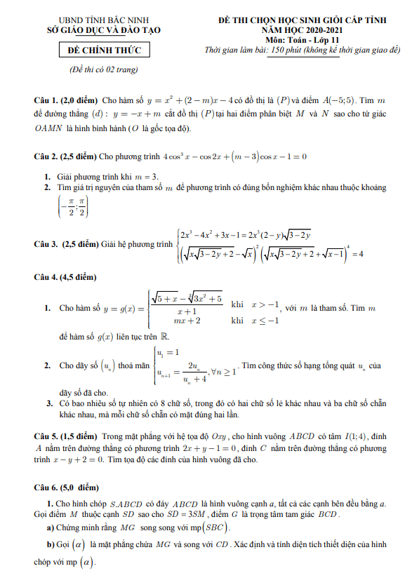 Đề thi học sinh giỏi tỉnh lớp 11 môn Toán năm 2020 2021 sở GD ĐT Bắc Ninh
