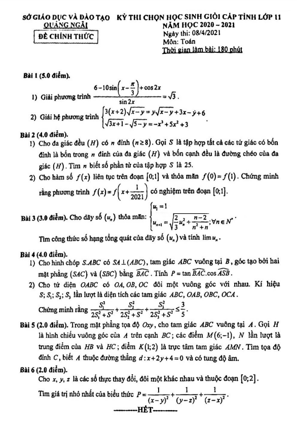 Đề thi học sinh giỏi tỉnh lớp 11 môn Toán năm 2020 2021 sở GD ĐT Quảng Ngãi