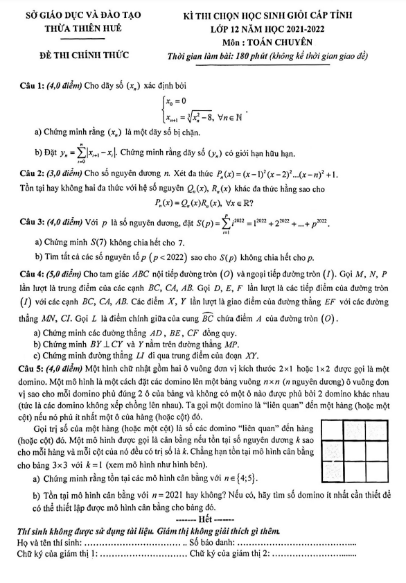 Đề thi học sinh giỏi tỉnh lớp 12 môn Toán chuyên năm 2021 2022 sở GD ĐT Thừa Thiên Huế