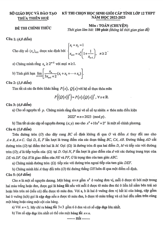 Đề thi học sinh giỏi tỉnh lớp 12 môn Toán (chuyên) năm 2022 2023 sở GD ĐT Thừa Thiên Huế