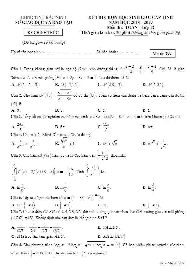 Đề thi học sinh giỏi tỉnh lớp 12 môn Toán năm 2018 2019 sở GD ĐT Bắc Ninh