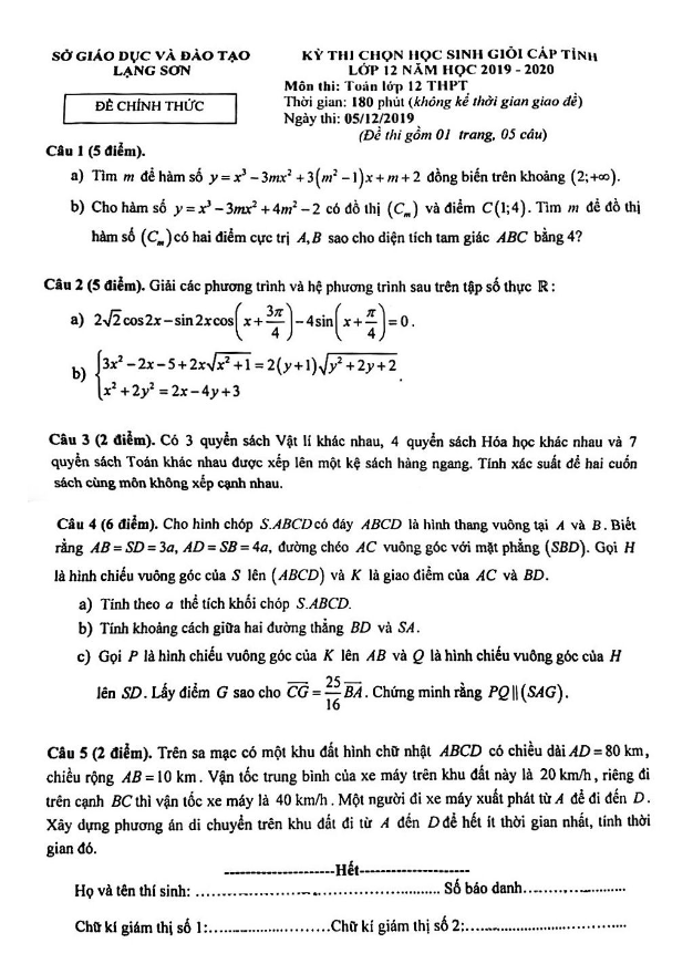 Đề thi học sinh giỏi tỉnh lớp 12 môn Toán năm 2019 2020 sở GD ĐT Lạng Sơn