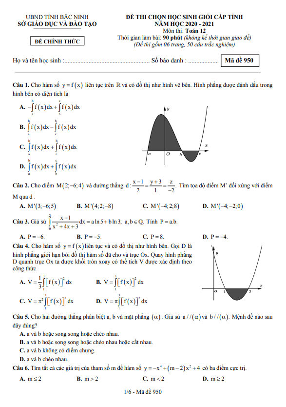 Đề thi học sinh giỏi tỉnh lớp 12 môn Toán năm 2020 2021 sở GD ĐT Bắc Ninh