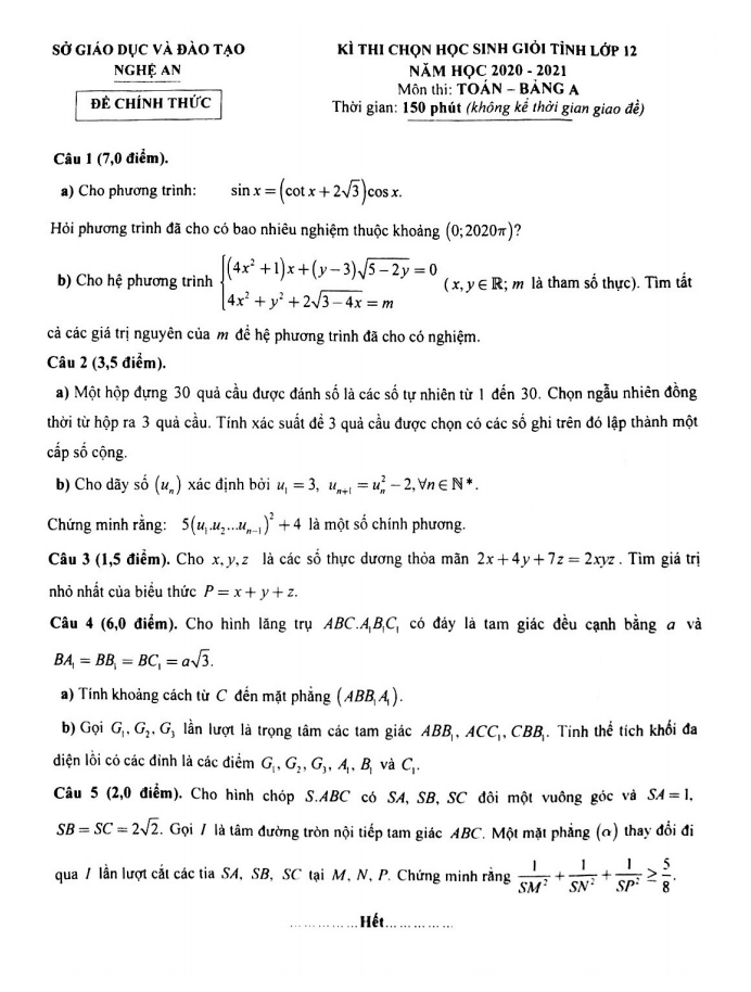 Đề thi học sinh giỏi tỉnh lớp 12 môn Toán năm 2020 2021 sở GD ĐT Nghệ An (Bảng A)