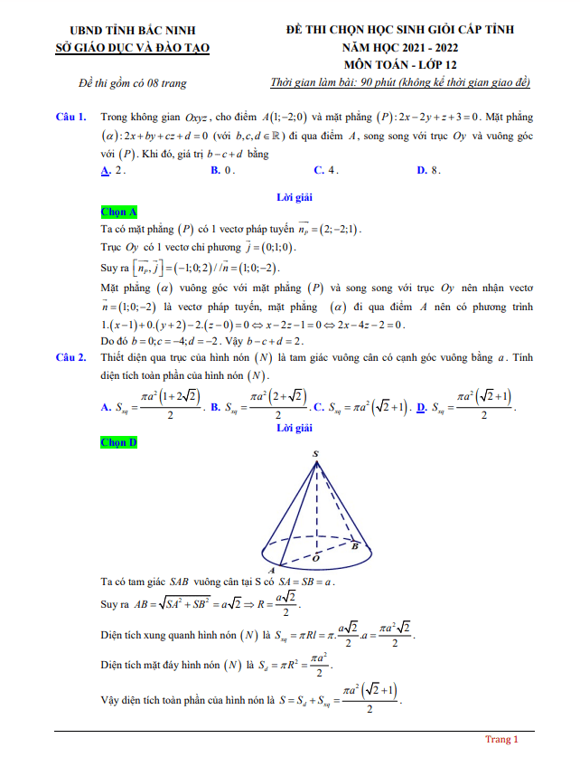 Đề thi học sinh giỏi tỉnh lớp 12 môn Toán năm 2021 2022 sở GD ĐT Bắc Ninh