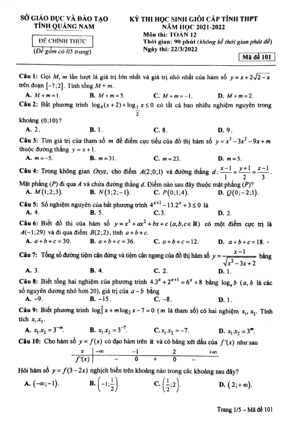 Đề thi học sinh giỏi tỉnh lớp 12 môn Toán năm 2021 2022 sở GD ĐT Quảng Nam