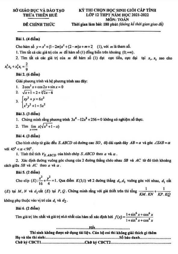 Đề thi học sinh giỏi tỉnh lớp 12 môn Toán năm 2021 2022 sở GD ĐT Thừa Thiên Huế