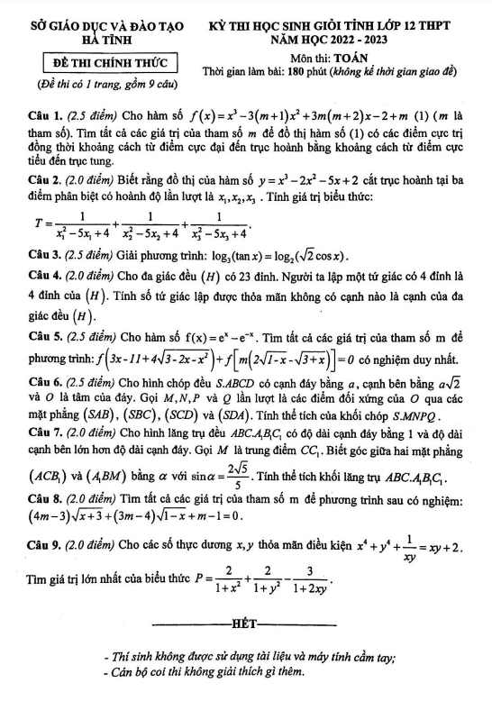 Đề thi học sinh giỏi tỉnh lớp 12 môn Toán năm 2022 2023 sở GD ĐT Hà Tĩnh